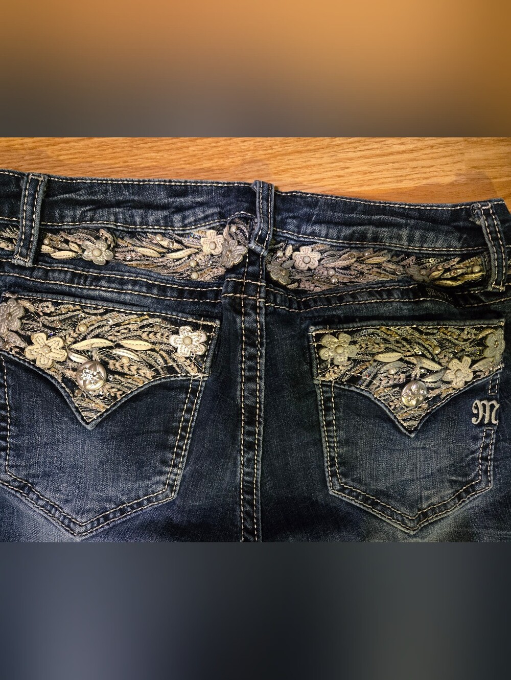 Miss Me Dark Wash Boot Cut Jeans with Silver Floral Embroidery